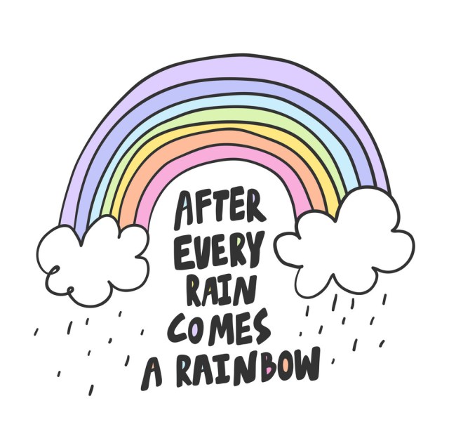 After every rain comes a rainbow. Sticker for social media content. Vector hand drawn illustration design.